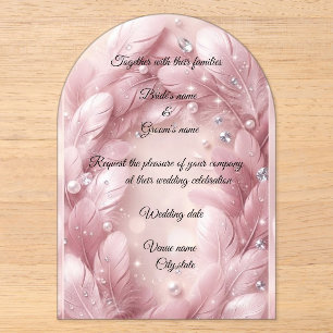 Luxus-Rosafeder- und Diamantbogen-Hochzeit  Acryleinladungen
