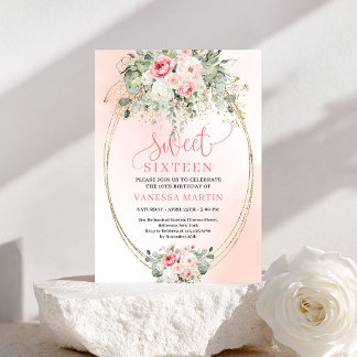 Luxus-Rosé-Blumen-Gold-Sweet-16-Geburtstagseinladu Einladung