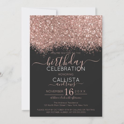 Luxus Rose Gold Black Glitzer Confetti Geburtstag Einladung (Vorderseite)