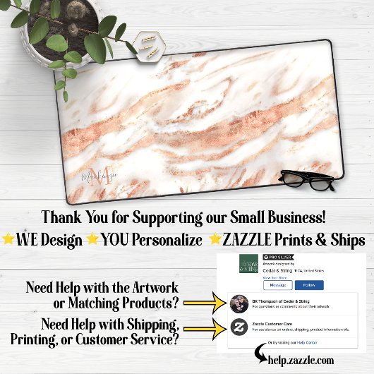 Luxus Rose Gold Foil Marmor Monogramm Schreibtischunterlage