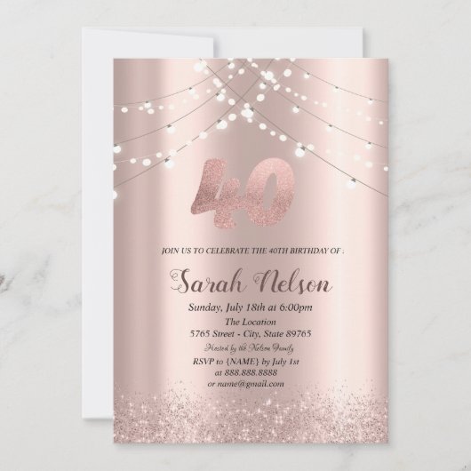 Luxus Rose Gold Glitzer String Lights Einladung (Vorderseite)