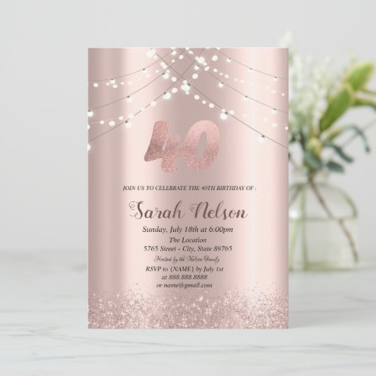 Luxus Rose Gold Glitzer String Lights Einladung (Stehend Vorderseite)