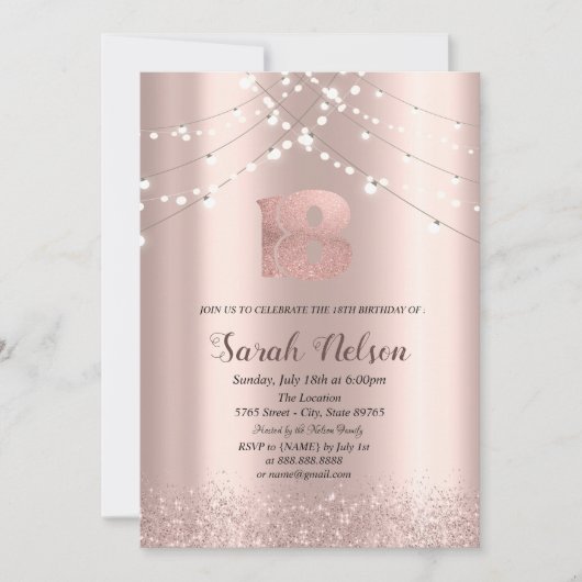 Luxus Rose Gold Glitzer String Lights Einladung (Vorderseite)