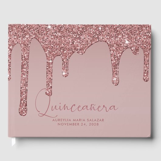 Luxus Rose Gold Glitzer Tropfen Quinceanera Foto Gästebuch (Vorderseite)
