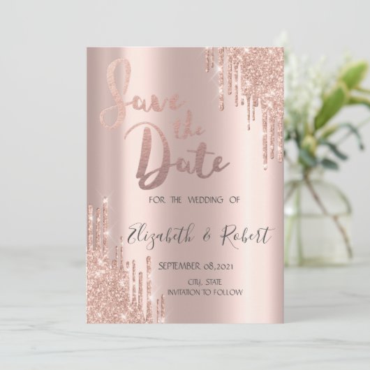 Luxus Rose Gold Glitzer Tropfen Save the Date (Stehend Vorderseite)