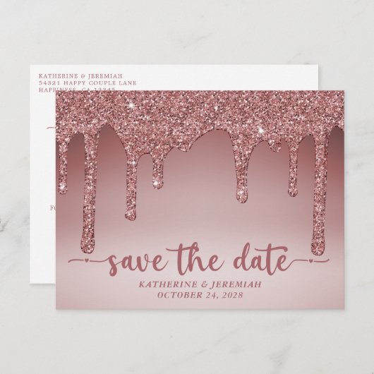 Luxus Rose Gold Glitzer Tropfen Save the Date Ankündigungspostkarte (Vorne/Hinten)