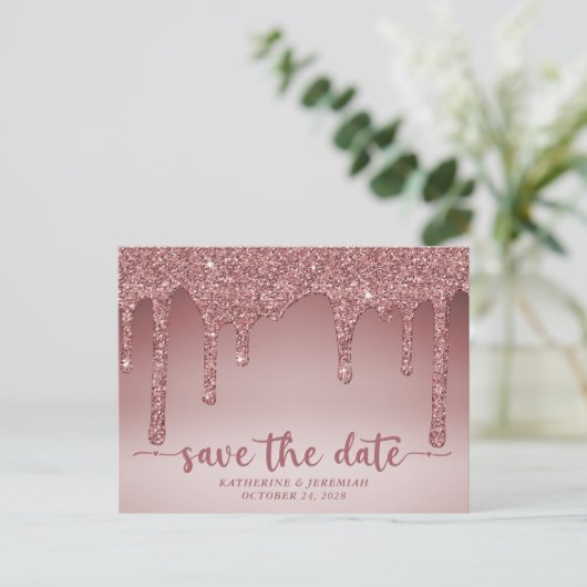 Luxus Rose Gold Glitzer Tropfen Save the Date Ankündigungspostkarte (Stehend Vorderseite)