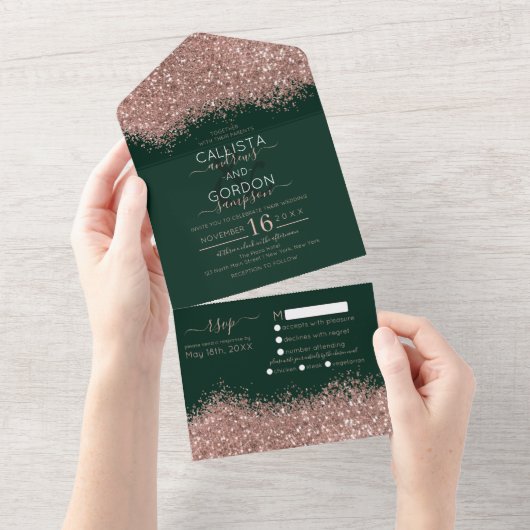 Luxus Rose Gold Green Glitzer Confetti Wedding Al All In One Einladung (Abreißen)