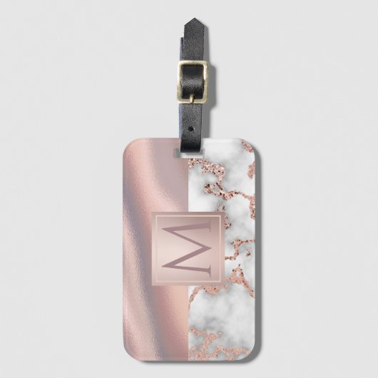 Luxus-Rose Gold Marmor Shimmer Foil Monogram Gepäckanhänger (Vorderseite Vertikal)