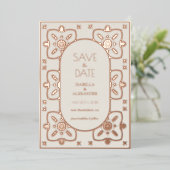 Luxus Rose Gold Mittelmeer Tile Save the Date Folieneinladung (Stehend vorne)
