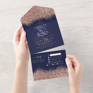 Luxus Rose Gold Navy Glitzer Confetti Wedding All In One Einladung