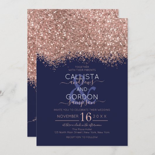 Luxus Rose Gold Navy Glitzer Confetti Wedding Einladung (Vorne/Hinten)