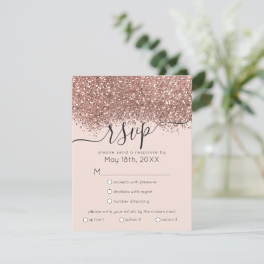 Luxus Rose Gold Pink Glitzer Confetti Wedding RSVP Karte (Stehend Vorderseite)