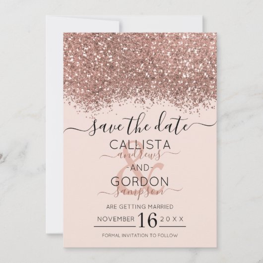 Luxus Rose Gold Pink Glitzer Confetti Wedding Save The Date (Vorderseite)