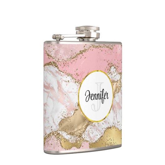 Luxus Rose Gold Rosa Marmordesign Monogram Flachmann (Rechts)