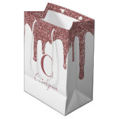 Luxus Rose Gold Sparkle Dripping Glitzer Monogram Mittlere Geschenktüte (Vorderseite Schrägansicht)