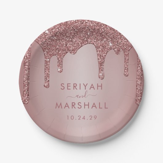 Luxus Rose Gold Sparkle Glitzer Tropfen Hochzeit Pappteller (Vorderseite)