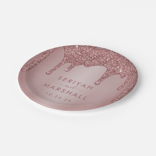 Luxus Rose Gold Sparkle Glitzer Tropfen Hochzeit Pappteller (Schrägansicht)