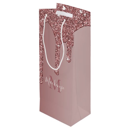 Luxus Rose Gold Sparkle Glitzer Tropfen Monogramm Geschenktüte Für Weinflaschen (Rückseite Schrägansicht)