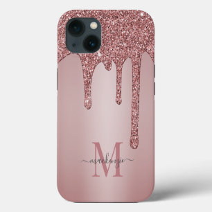 Luxus Rose Gold Sparkle Glitzer Tropfen Monogramm iPhone 13 Hülle