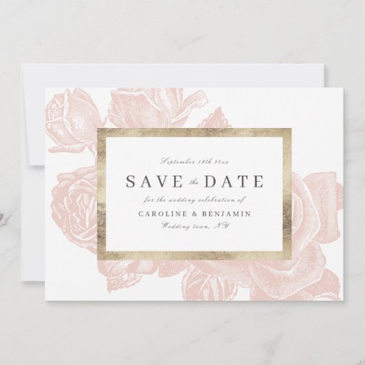 Luxus-Rose-Goldbarren Save the Date Vintag (Vorderseite)