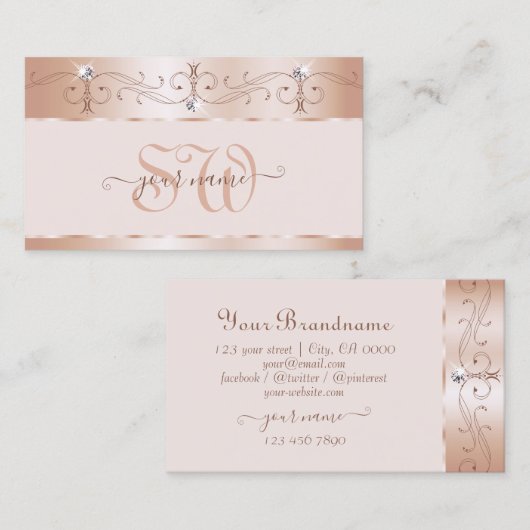 Luxus Rose Koral Verziert Sparkle Diamonds Initial Visitenkarte (Vorne/Hinten)