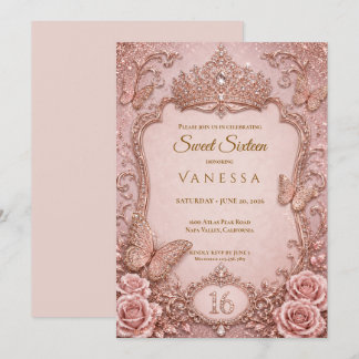 Luxus-Rosé-Rhinstones Glitter Sweet 16 Einladung