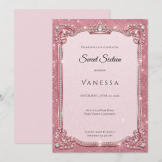 Luxus-Rosé-Rhinstones Glitter Sweet 16 Einladung