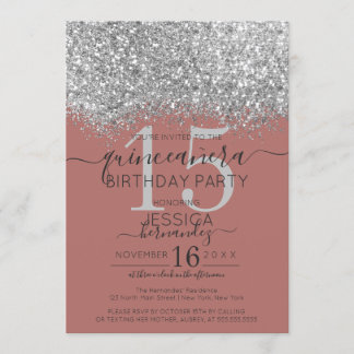Luxus-Rose Silver Glitzer Confetti Quinceañera Einladung