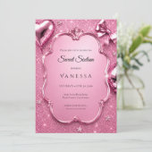 Luxus-Rosé Strass Glitter Sweet 16 Einladung (Stehend Vorderseite)
