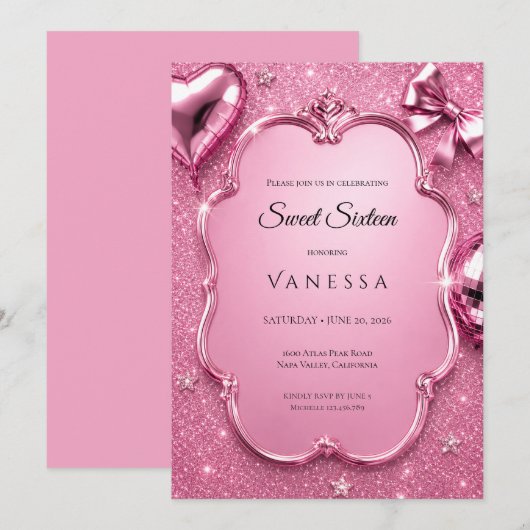 Luxus-Rosé Strass Glitter Sweet 16 Einladung (Vorne/Hinten)