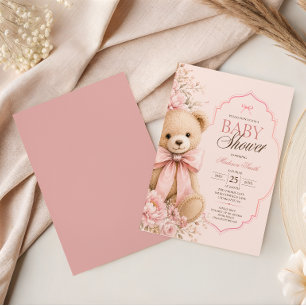 Luxus-Rosé-Teddybär-Baby-Shower mit Schleife Einladung