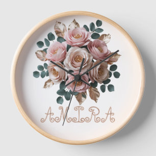 Luxus-Roségold-Blumen-Monogramm-Holzuhr Uhr