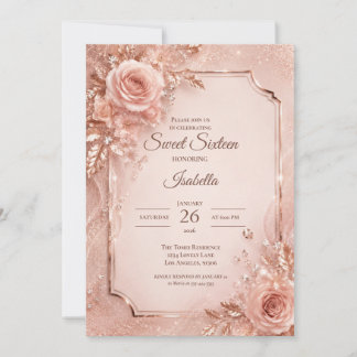Luxus-Roségold-Blumen-Sweet 16 Einladung