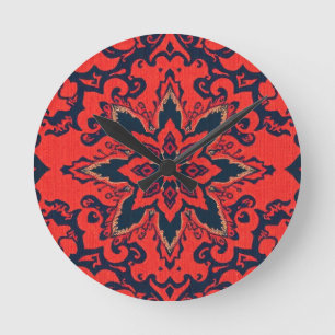 Luxus-Rot-Blau-Ornament-Perser-Medaillon-Muster Runde Wanduhr