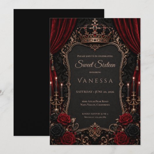 Luxus Rot Dunkle Gothic Sweet 16 Einladung (Vorne/Hinten)