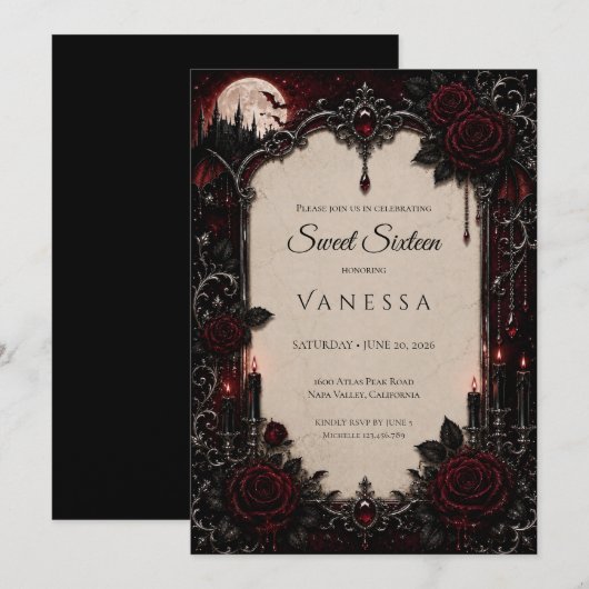 Luxus Rot Dunkle Gothic Sweet 16 Einladung (Vorne/Hinten)