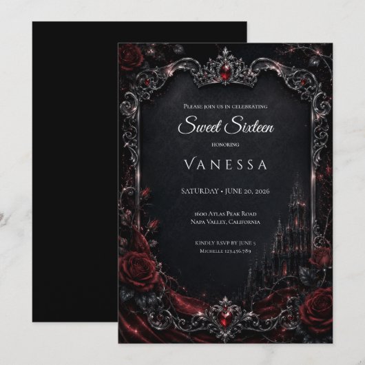 Luxus Rot Dunkle Gothic Sweet 16 Einladung (Vorne/Hinten)