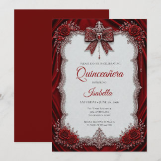 Luxus-Rot-Silber-Bogen Quinceañera Einladung