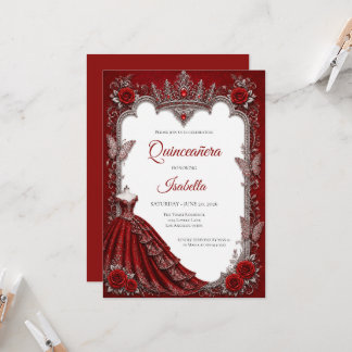 Luxus-Rot-Silber-Prinzessin Quinceañera Einladung