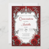 Luxus-Rot-Silber-Quinceañera Einladung (Vorderseite)