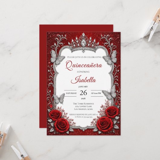 Luxus-Rot-Silber-Quinceañera Einladung (Vorderseite/Rückseite Beispiel)