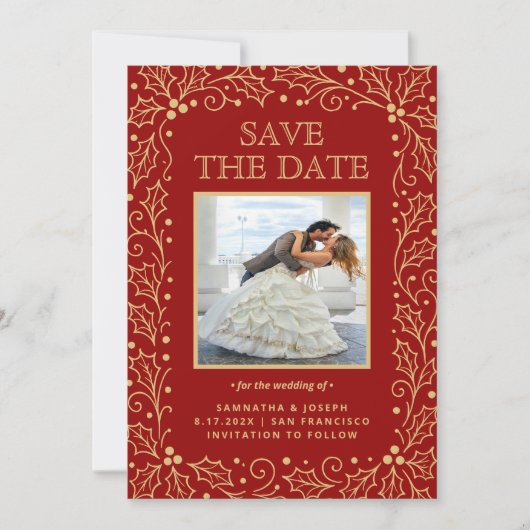 Luxus-Rot- und Antik-Gold-Foto Save The Date (Vorderseite)