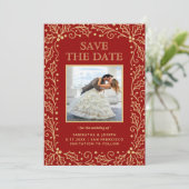 Luxus-Rot- und Antik-Gold-Foto Save The Date (Stehend Vorderseite)