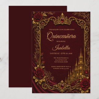 Luxus-Rot- und Gold-Prinzessin-Quinceañera Einladung