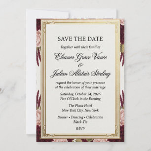 Luxus-Rotwein- und Goldfolienrahmen Save the Date Einladung