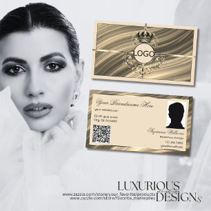 Luxus Royal Beige Gold Crown Logo Foto QR Code Visitenkarte