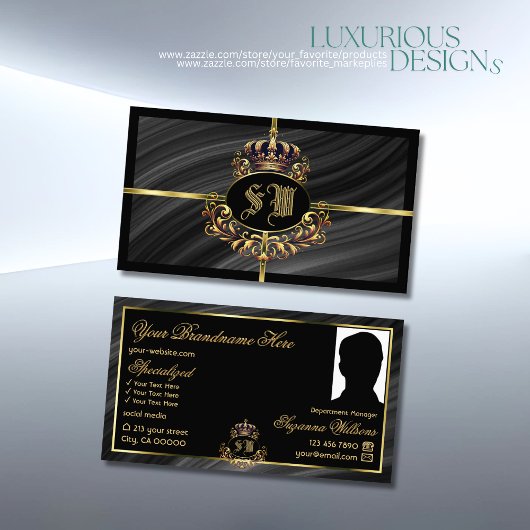 Luxus Royal Black Gold Crown mit Monogram Foto Visitenkarte