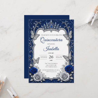 Luxus Royal Blau Silber Quinceañera Einladung