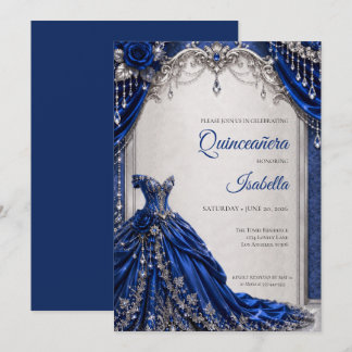 Luxus Royal Blau Silber Quinceañera Einladung